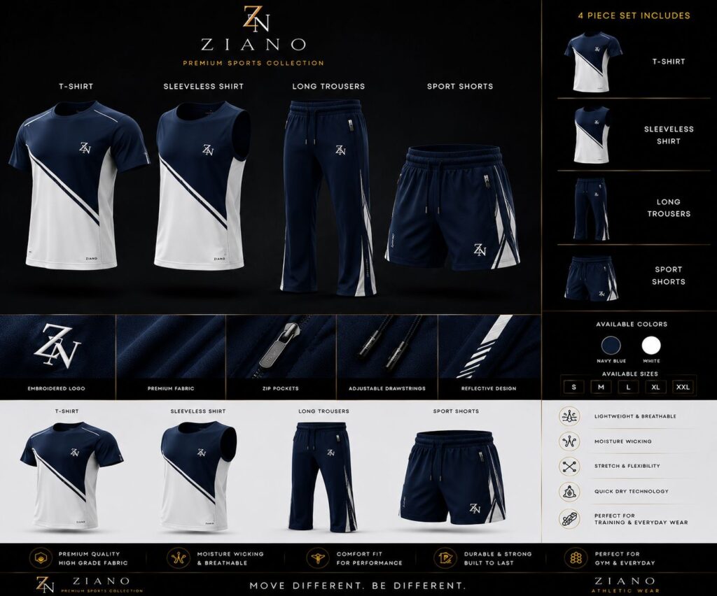 Premium Sports Streetwear Collection by Ziano: White and blue t-shirts, sleeveless shirt, long trousers, and shorts set.