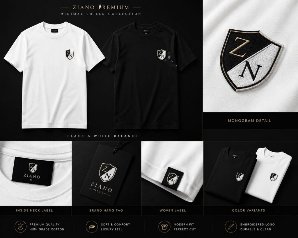 Ziano Official Minimalist Shield Collection T-shirts and Monogram Branding Details