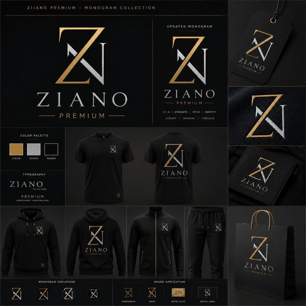Ziano Official premium clothing brand logo design and luxury streetwear collection branding sheet.