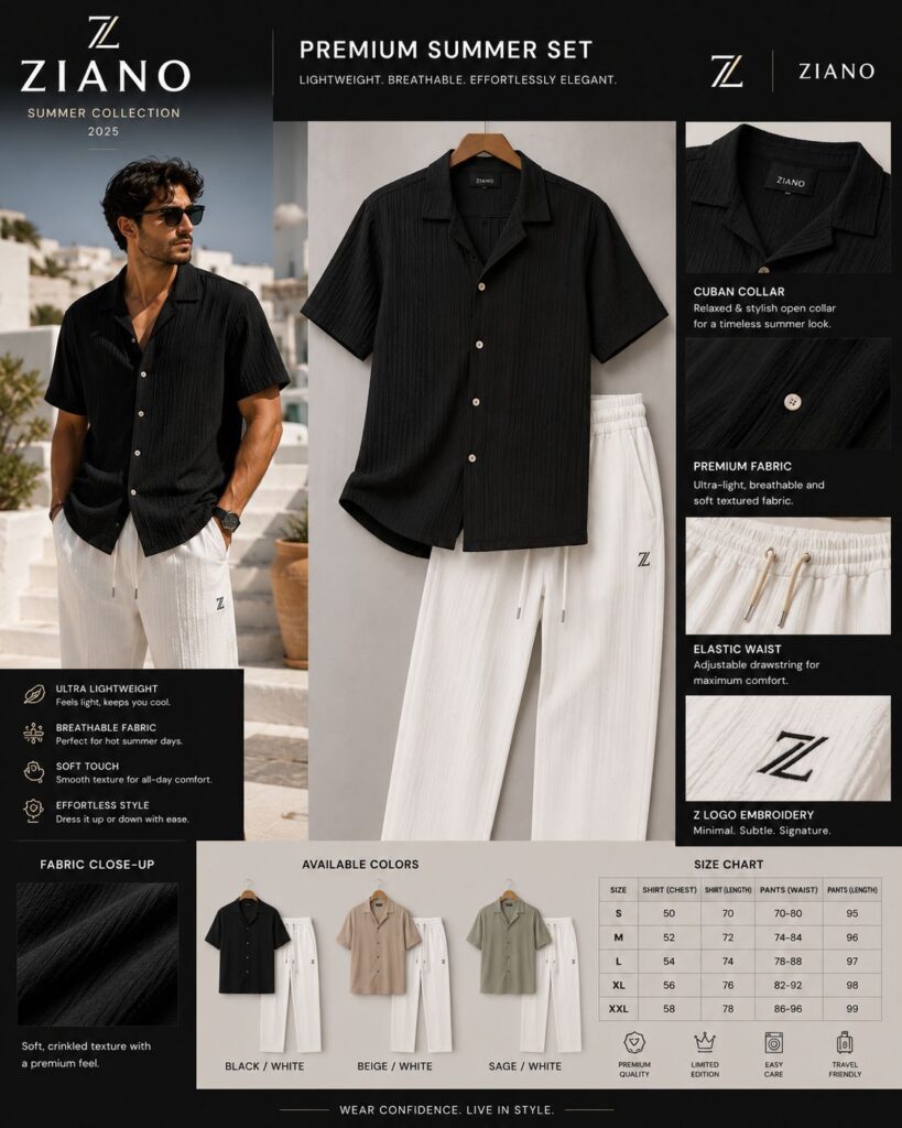 Premium Streetwear France black and white summer set collection by Ziano Official with product details and size chart.