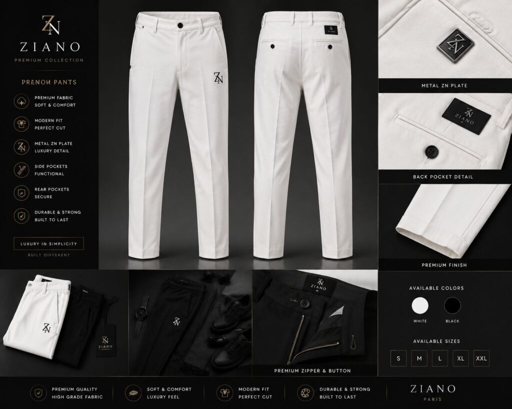 Ziano Official Premium White Pants and Streetwear Collection Details